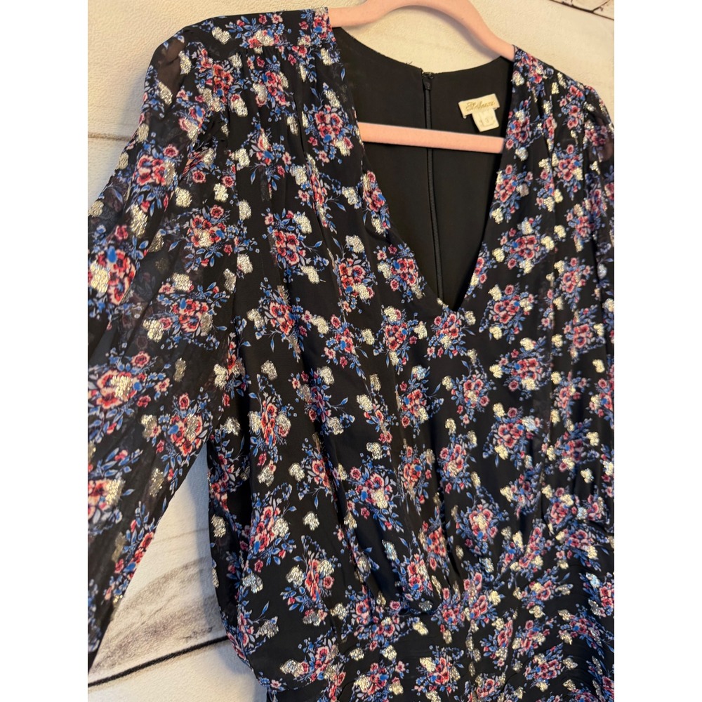 Shoshanna Black Floral Metallic V-Neck Mini Dress Long Sleeve 6 2110825 - Picture 2 of 5